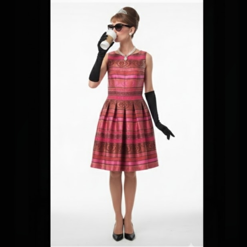 Leslie Fay Dress Pink Striped Boho Sleeveless Jacquard Formal Coquette12 NWT
